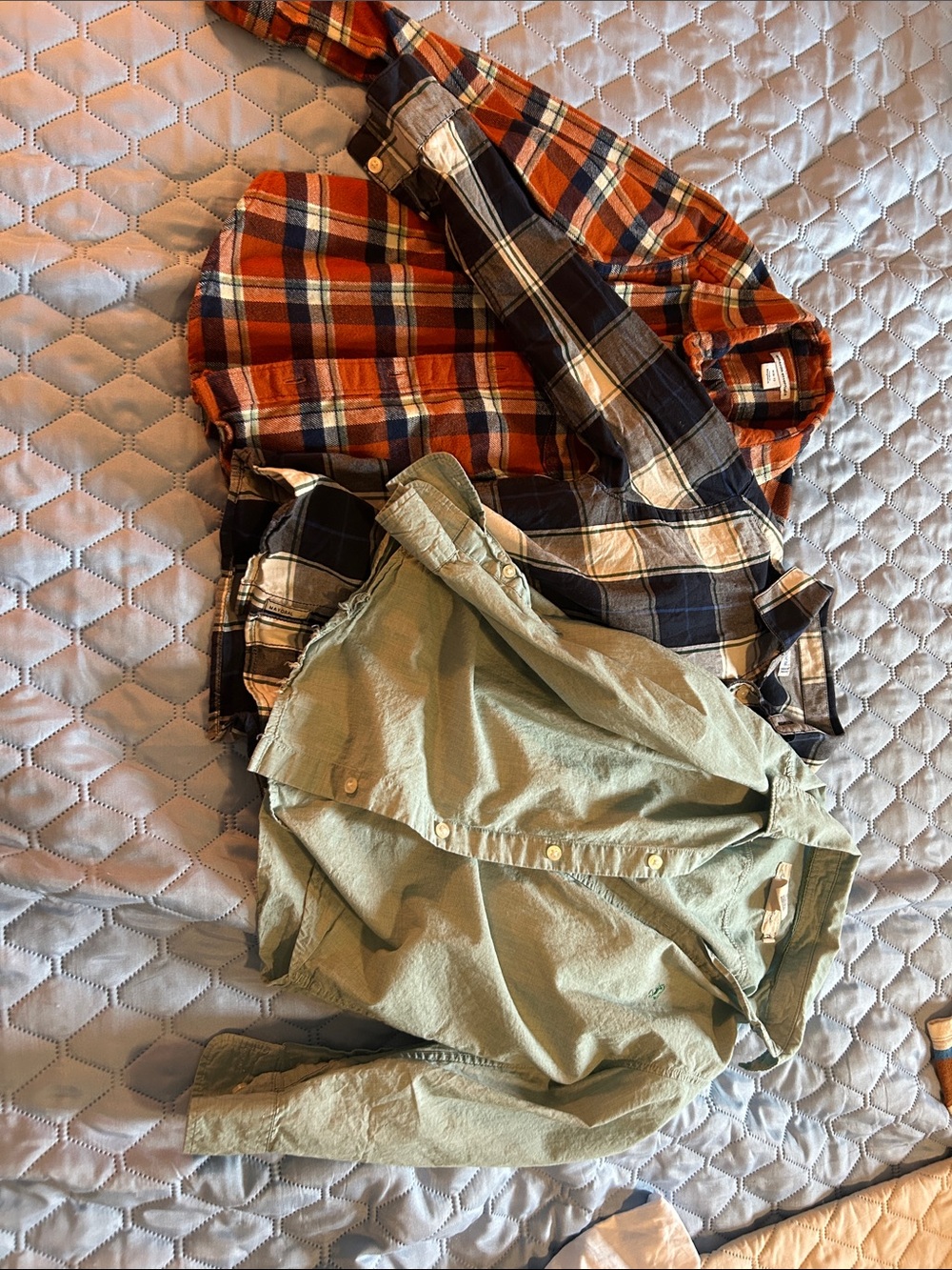 Casual Olive Button-Up & Orange Navy Plaid Shirt Bundle